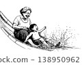 Grandmother and Grandson Sliding Down Water Slide Laughing Joyful Family Ink Sketch 138950962