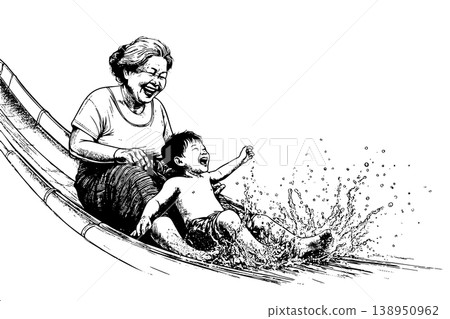 Grandmother and Grandson Sliding Down Water Slide Laughing Joyful Family Ink Sketch 138950962