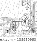 Girl Sitting on Rainy Porch Drinking Tea with Plants Cozy Coloring Page Illustration 138950963