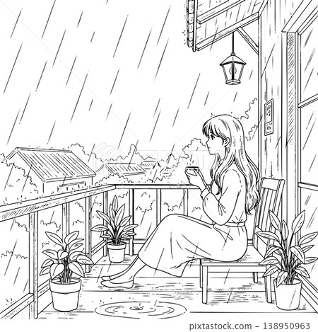 Girl Sitting on Rainy Porch Drinking Tea with Plants Cozy Coloring Page Illustration Girl Sitting on Rainy Porch Drinking Tea with Plants Cozy Coloring Page Illustration 138950963