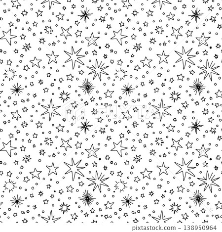 Stars and Sparkles Doodle Seamless Pattern Sketch with Various Star Shapes and Dots Stars and Sparkles Doodle Seamless Pattern Sketch with Various Star Shapes and Dots 138950964