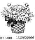 Wicker Basket with Cotton Flowers Bouquet and Checkered Bow Vintage Engraving Sketch 138950966