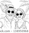 Happy Senior Couple Taking Selfie on Tropical Beach with Palm Trees Coloring Sketch 138950968
