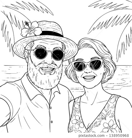 Happy Senior Couple Taking Selfie on Tropical Beach with Palm Trees Coloring Sketch Happy Senior Couple Taking Selfie on Tropical Beach with Palm Trees Coloring Sketch 138950968