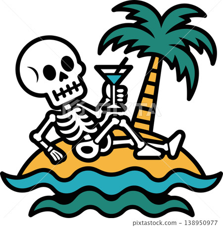 Funny Skeleton Relaxing on Tropical Island with Cocktail Illustration Funny Skeleton Relaxing on Tropical Island with Cocktail Illustration 138950977