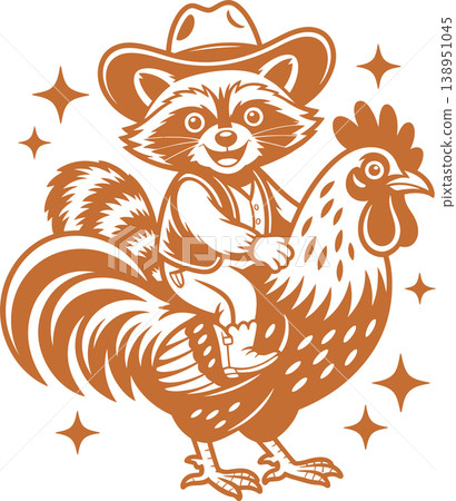 Cowboy Raccoon Riding Rooster Vintage Illustration Cowboy Raccoon Riding Rooster Vintage Illustration 138951045