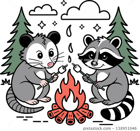 Possum and Raccoon Campfire Cartoon Illustration	 138951046