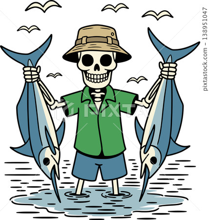 Skeleton Fisherman Holding Two Big Fish Illustration Skeleton Fisherman Holding Two Big Fish Illustration 138951047