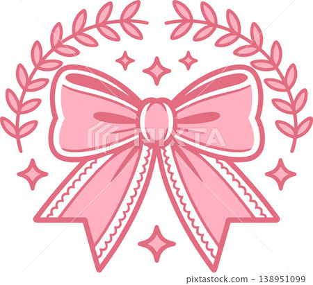Pink Bow with Laurel Wreath Illustration Pink Bow with Laurel Wreath Illustration 138951099