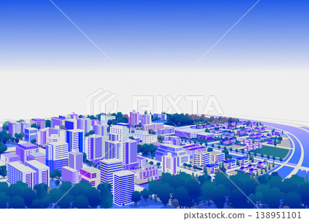 A horizontal panoramic background illustration of a beautiful cityscape with a blue color scheme. 138951101