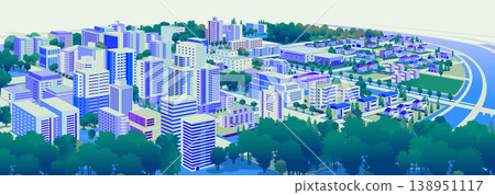 A horizontal panoramic background illustration of a beautiful cityscape with a blue color scheme. A horizontal panoramic background illustration of a beautiful cityscape with a blue color scheme. 138951117