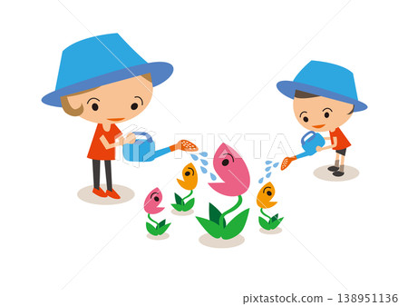 一幅溫馨柔和的插畫，描繪了父母和孩子在日常生活中一起澆花的場景。 138951136