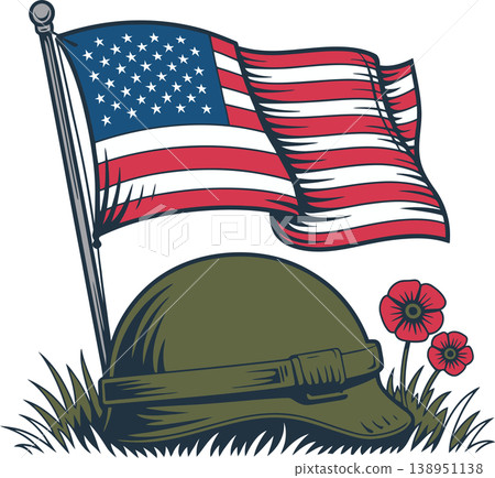American Flag with Soldier Memorial Helmet	 138951138