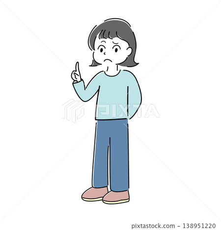一幅簡單的全身插圖,描繪了一位表情憂慮的女性,她用手指著(警告、麻煩、疑問、不滿、困惑、人物)。 一幅簡單的全身插圖,描繪了一位表情憂慮的女性,她用手指著(警告、麻煩、疑問、不滿、困惑、人物)。 138951220