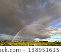 A colorful rainbow arches over lush green fields beneath dramatic clouds in the sky 138951615