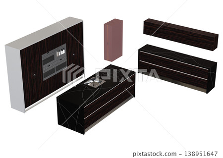 modern kitchen isolated on transparent background, home furniture, 3D illustration, cg render 138951647