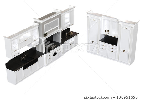 modern kitchen isolated on transparent background, home furniture, 3D illustration, cg render 138951653