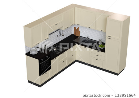 modern kitchen isolated on transparent background, home furniture, 3D illustration, cg render 138951664