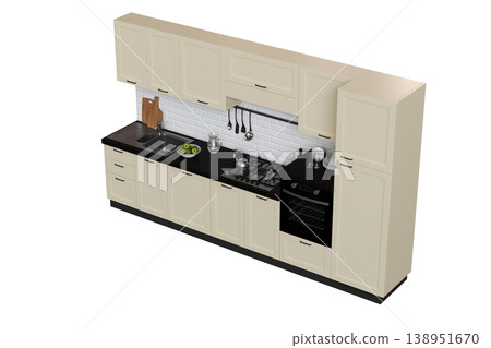 modern kitchen isolated on transparent background, home furniture, 3D illustration, cg render 138951670
