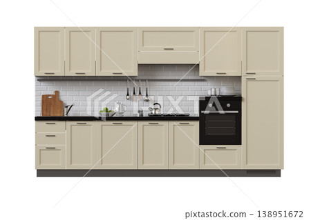 modern kitchen isolated on transparent background, home furniture, 3D illustration, cg render 138951672