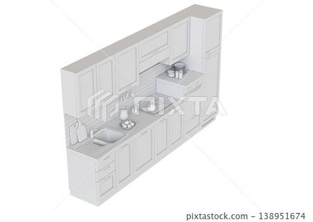 modern kitchen isolated on transparent background, home furniture, 3D illustration, cg render 138951674