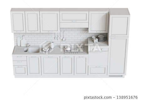modern kitchen isolated on transparent background, home furniture, 3D illustration, cg render 138951676