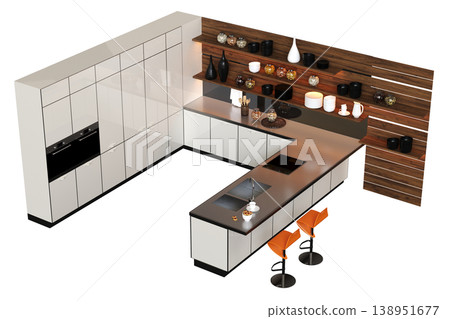 modern kitchen isolated on transparent background, home furniture, 3D illustration, cg render 138951677