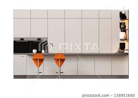 modern kitchen isolated on transparent background, home furniture, 3D illustration, cg render 138951680