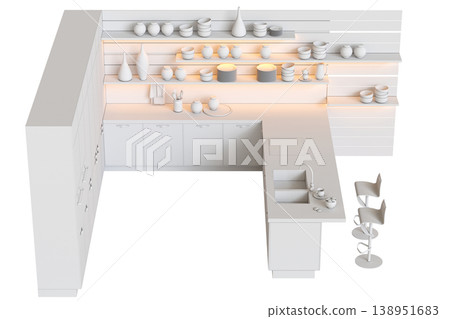 modern kitchen isolated on transparent background, home furniture, 3D illustration, cg render 138951683