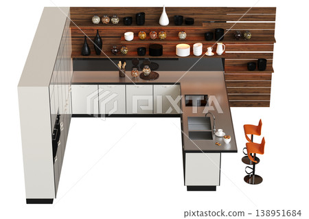 modern kitchen isolated on transparent background, home furniture, 3D illustration, cg render 138951684