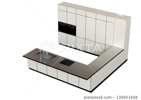 modern kitchen isolated on transparent background, home furniture, 3D illustration, cg render 138951688