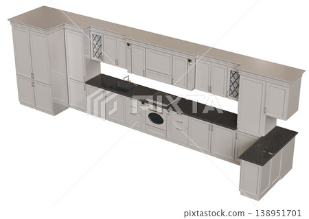 modern kitchen isolated on transparent background, home furniture, 3D illustration, cg render 138951701