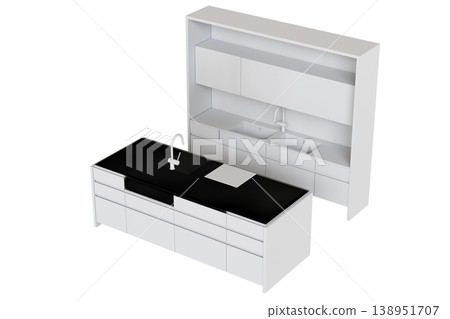 modern kitchen isolated on transparent background, home furniture, 3D illustration, cg render 138951707