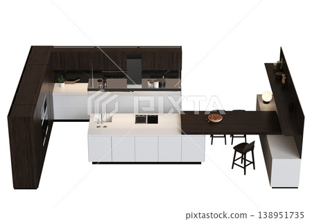 modern kitchen isolated on transparent background, home furniture, 3D illustration, cg render 138951735