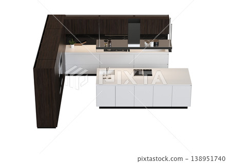 modern kitchen isolated on transparent background, home furniture, 3D illustration, cg render 138951740