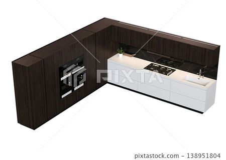modern kitchen isolated on transparent background, home furniture, 3D illustration, cg render 138951804
