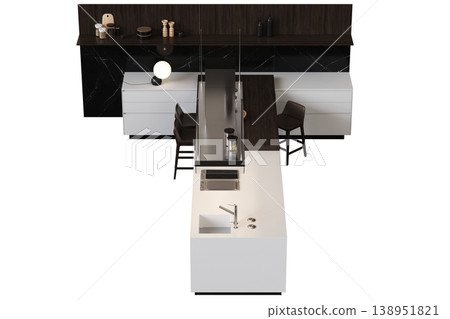 modern kitchen isolated on transparent background, home furniture, 3D illustration, cg render 138951821