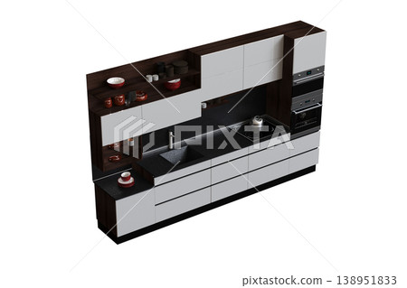 modern kitchen isolated on transparent background, home furniture, 3D illustration, cg render 138951833