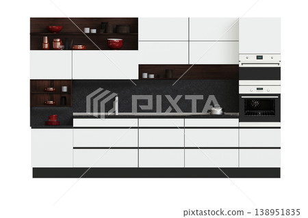 modern kitchen isolated on transparent background, home furniture, 3D illustration, cg render 138951835