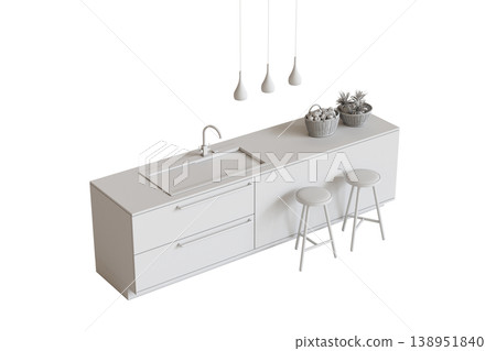 modern kitchen isolated on transparent background, home furniture, 3D illustration, cg render 138951840