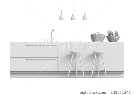 modern kitchen isolated on transparent background, home furniture, 3D illustration, cg render 138951841
