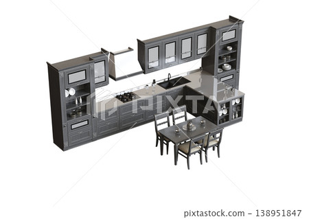 modern kitchen isolated on transparent background, home furniture, 3D illustration, cg render 138951847