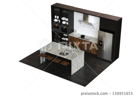 modern kitchen isolated on transparent background, home furniture, 3D illustration, cg render 138951853