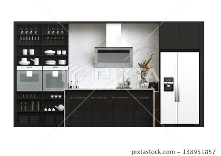 modern kitchen isolated on transparent background, home furniture, 3D illustration, cg render 138951857