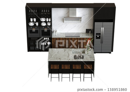 modern kitchen isolated on transparent background, home furniture, 3D illustration, cg render modern kitchen isolated on transparent background, home furniture, 3D illustration, cg render 138951860
