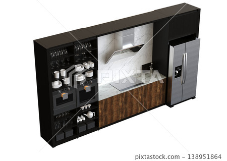 modern kitchen isolated on transparent background, home furniture, 3D illustration, cg render 138951864