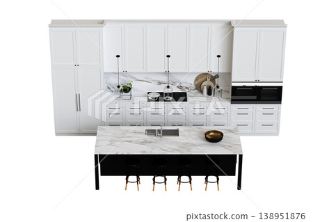 modern kitchen isolated on transparent background, home furniture, 3D illustration, cg render 138951876