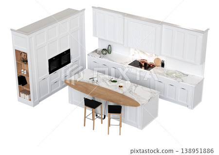 modern kitchen isolated on transparent background, home furniture, 3D illustration, cg render 138951886