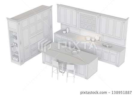 modern kitchen isolated on transparent background, home furniture, 3D illustration, cg render 138951887