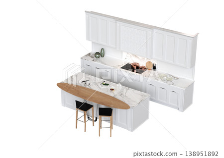 modern kitchen isolated on transparent background, home furniture, 3D illustration, cg render 138951892